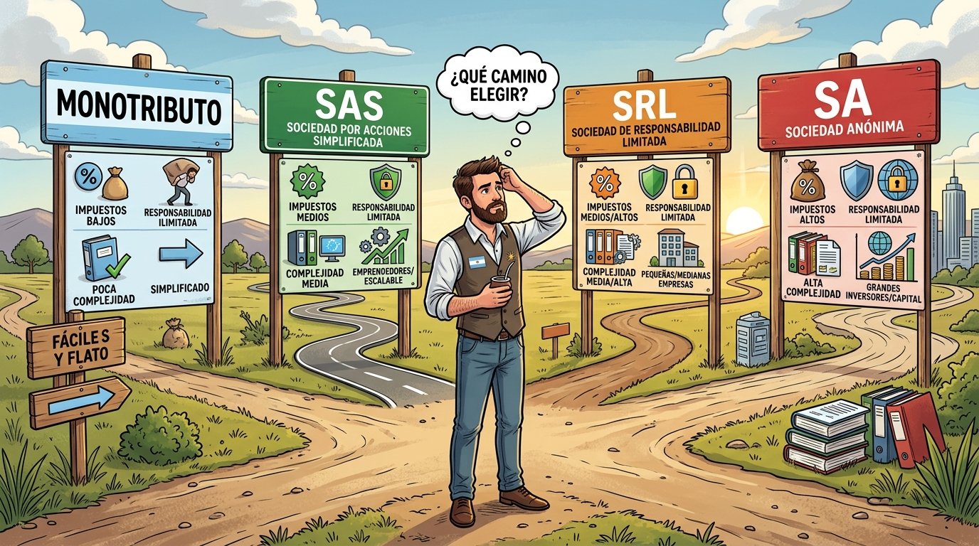 Emprendedor argentino en una encrucijada con diferentes caminos etiquetados con formas jurídicas (Monotributo, SAS, SRL, SA). Estilo ilustrativo profesional. El emprendedor observa señales de cada camino que muestran símbolos de impuestos, responsabilidad y complejidad administrativa. Utiliza colores distintivos para cada camino y simbología clara de negocios. Para ilustrar la importancia de la toma de decisiones sobre la forma jurídica al iniciar un emprendimiento.