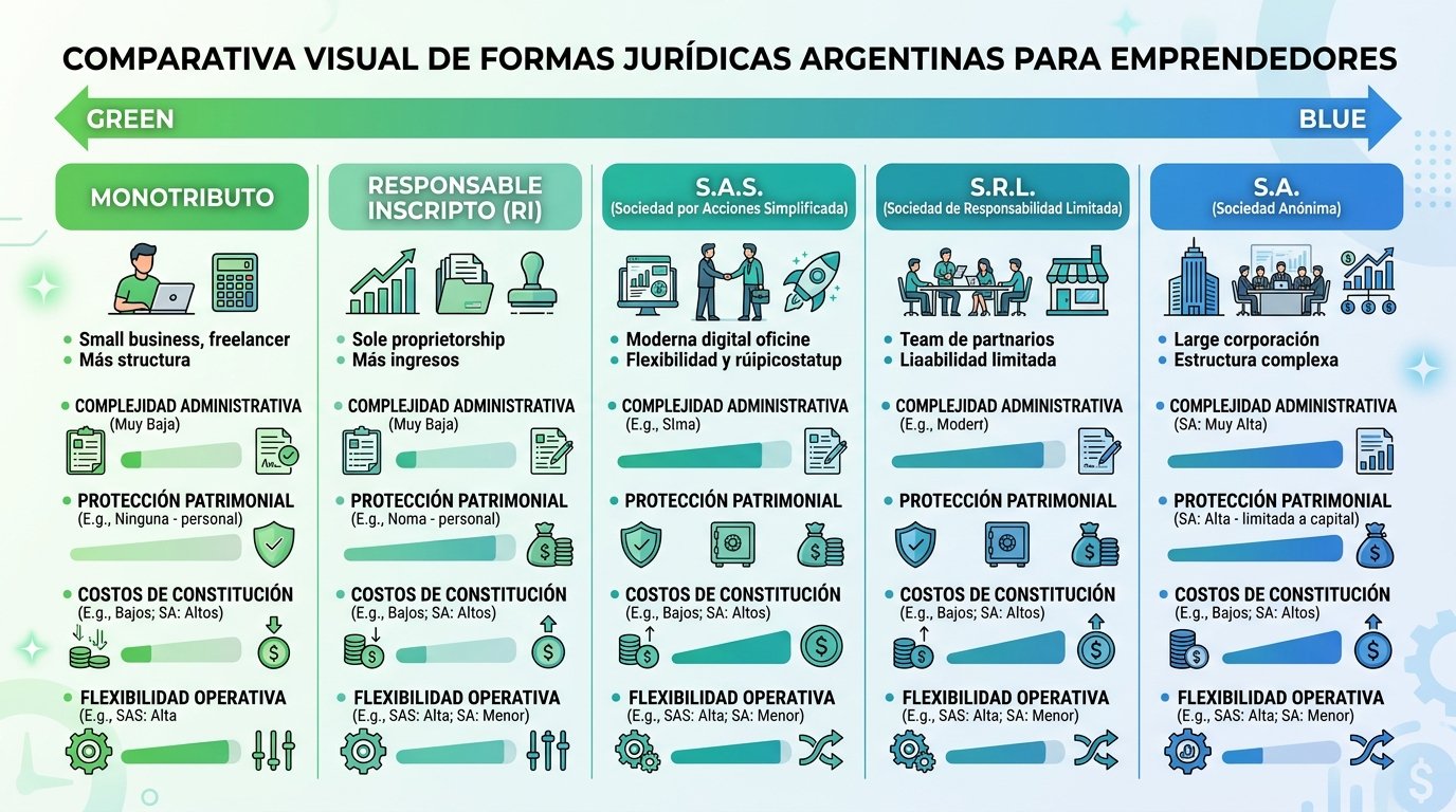 Comparativa visual entre formas jurídicas argentinas (Monotributo, RI, SAS, SRL, SA). Estilo infográfico moderno con iconos representativos para cada forma. Muestra escalas de complejidad administrativa, protección patrimonial, costos de constitución y flexibilidad operativa. Utiliza un degradado de colores desde verde (más simple) hasta azul (más complejo). Para ayudar a emprendedores a visualizar las diferencias clave entre las distintas opciones legales disponibles en Argentina.