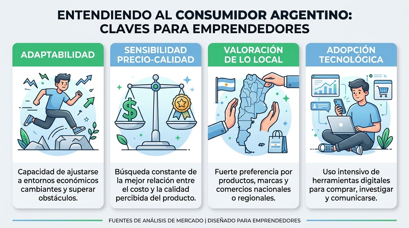 Infografía sobre el comportamiento del consumidor argentino. Estilo plano moderno con iconos simples. Muestra 4 características clave: adaptabilidad (persona esquivando obstáculos), sensibilidad precio-calidad (balanza con signo $ y medalla), valoración de lo local (mapa de Argentina con bandera), y adopción tecnológica (persona usando smartphone y computadora). Utiliza paleta de colores celeste, blanco y gris con acentos en verde. Para ilustrar las particularidades del consumidor argentino que los emprendedores deben considerar al analizar oportunidades de negocio.