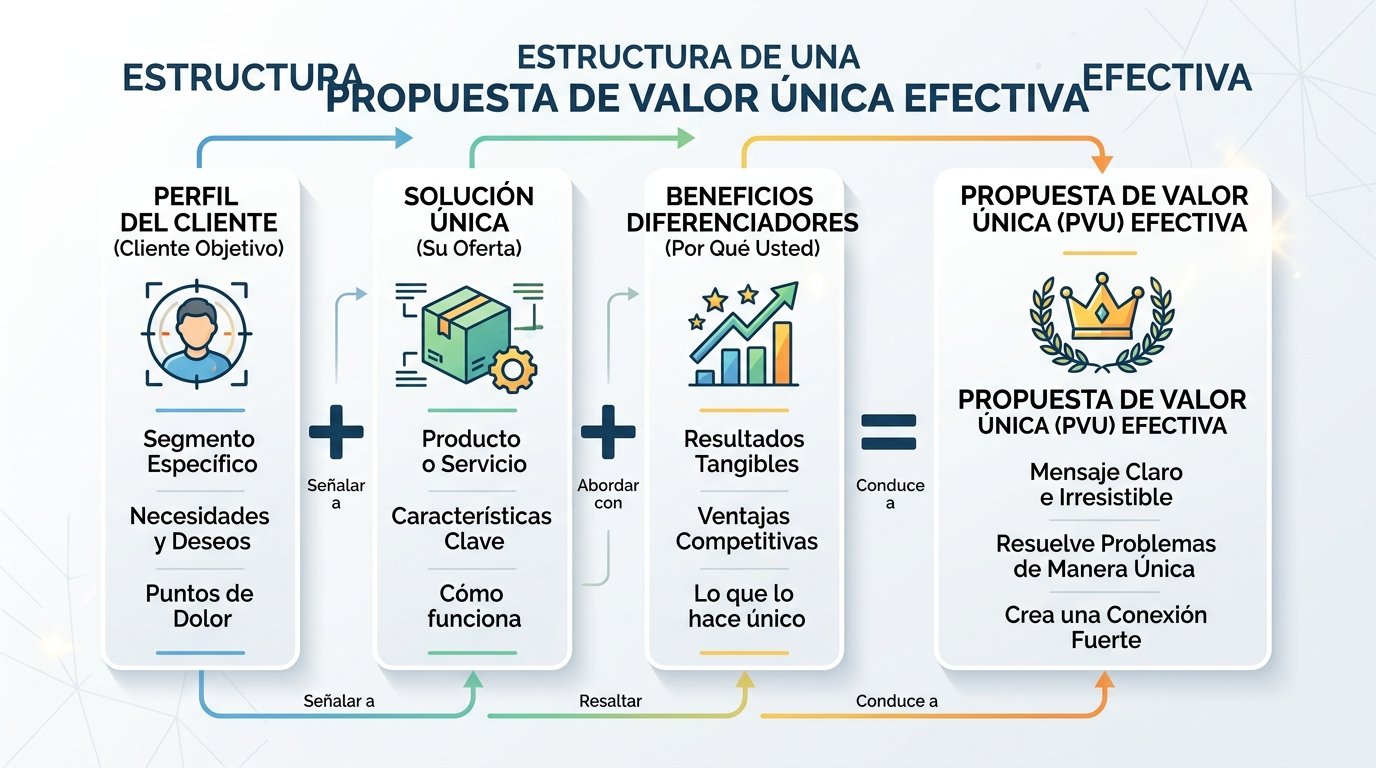 Diagrama de la estructura de una Propuesta de Valor Única efectiva. Estilo infográfico profesional con elementos visuales limpios. Muestra un formato de ecuación visual: