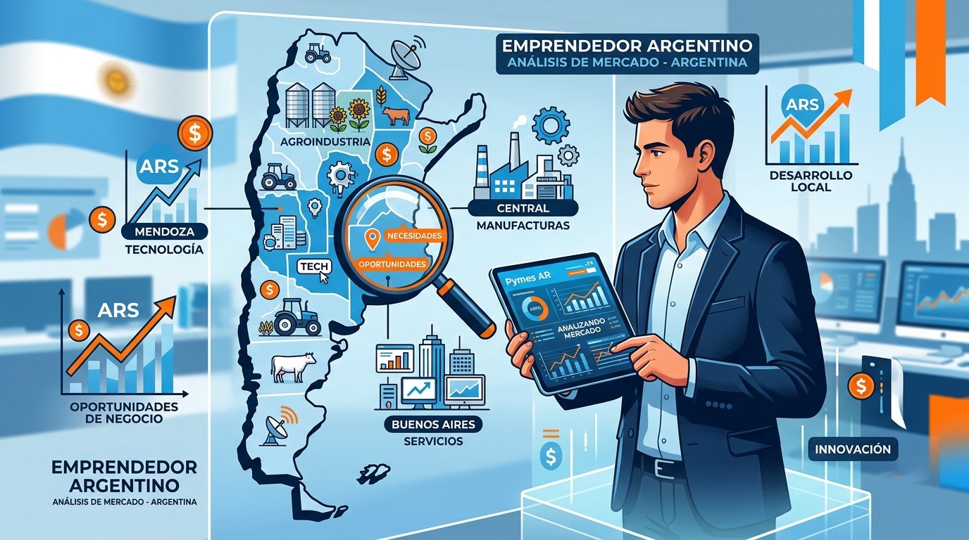 Emprendedor argentino analizando oportunidades de negocio. Estilo ilustración moderna profesional. Muestra a una persona analizando datos en una tablet mientras observa el mapa de Argentina con diferentes símbolos que representan sectores económicos (tecnología, agroindustria, servicios, manufacturas). Incluye elementos como lupa sobre problemas y necesidades, y signos de pesos argentinos. Paleta de colores celeste y blanco (colores argentinos) con acentos en naranja. Para visualizar el proceso de identificación de oportunidades en el contexto económico argentino.