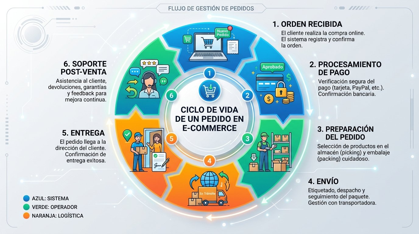 Ciclo de vida de un pedido en e-commerce. Estilo infográfico circular con conexiones entre etapas. Muestra el flujo desde la compra hasta el servicio post-venta: orden recibida, procesamiento de pago, preparación del pedido, envío, entrega, y soporte post-venta. Incluye iconos representativos para cada etapa y códigos de color para distinguir responsabilidades (azul para sistema, verde para operador, naranja para logística). Para visualizar el proceso completo de gestión de pedidos en una tienda online.