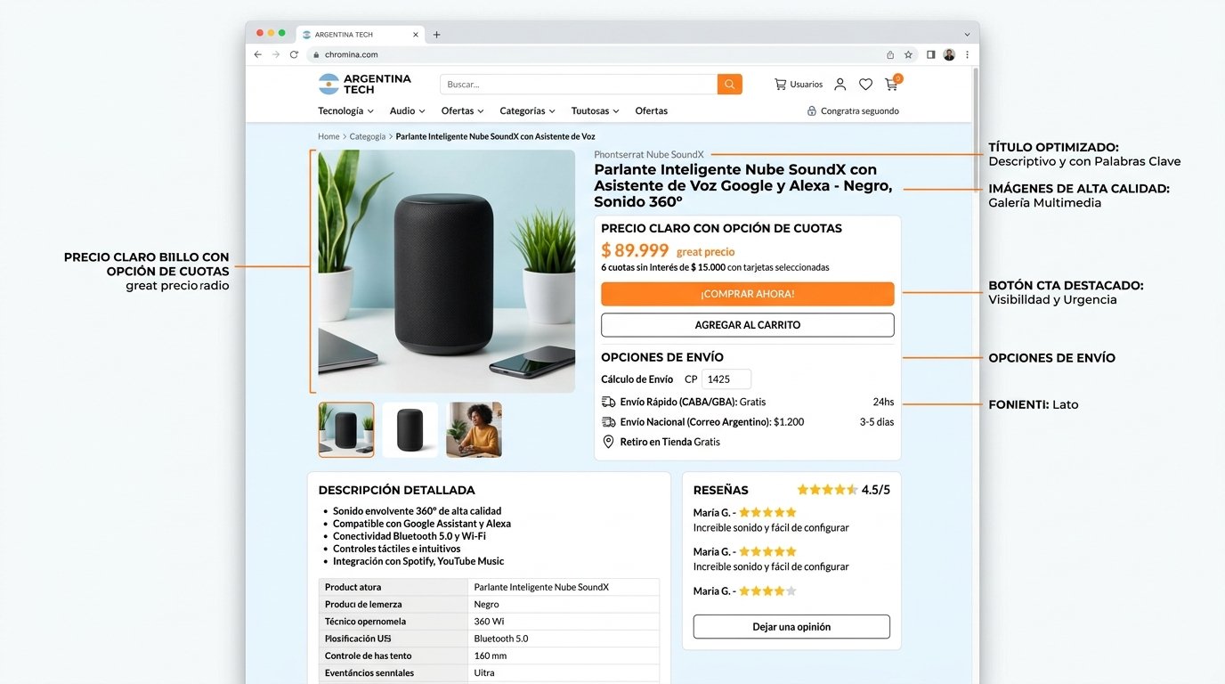 Ficha de producto optimizada para e-commerce argentino. Estilo visual limpio y profesional. Muestra una página de producto con elementos etiquetados: título optimizado, imágenes de alta calidad, descripción detallada, precio claro con opción de cuotas, botón CTA destacado, opciones de envío, y reseñas. Usa una paleta de colores comercial con naranja para elementos de conversión. Para ejemplificar las mejores prácticas en la presentación de productos online.