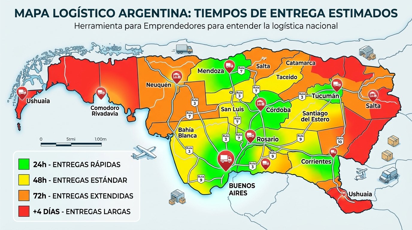 Mapa de Argentina dividido en zonas logísticas con tiempos de entrega estimados. Estilo infográfico profesional con leyendas claras. Muestra las principales ciudades y rutas de distribución, con códigos de color según tiempos de entrega (24h, 48h, 72h, +4 días). Incluye íconos de centros de distribución y hubs logísticos. Paleta de colores verde, amarillo, naranja y rojo para indicar tiempos. Para ayudar a emprendedores a entender los tiempos logísticos en el territorio argentino.