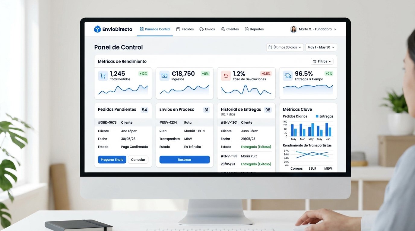 Interfaz de usuario de un sistema de gestión de envíos para e-commerce. Estilo moderno y profesional con interfaz clara y minimalista. Muestra un panel de control con secciones para pedidos pendientes, envíos en proceso, historial de entregas y métricas de rendimiento. Incluye elementos de UI como botones, filtros y visualización de datos. Paleta de colores azul profesional y blanco. Para ilustrar cómo un emprendedor puede gestionar sus envíos desde un software integrado.