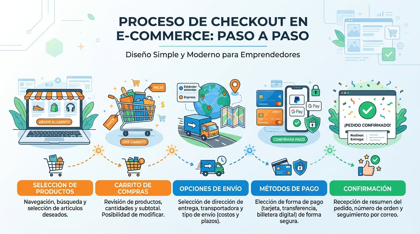 Proceso de checkout en e-commerce. Estilo infográfico con diseño limpio y moderno. Muestra los pasos: selección de productos, carrito, opciones de envío, métodos de pago y confirmación. Incluye iconos minimalistas para representar cada paso. Usa colores azul, verde y naranja para diferenciar las etapas. Para ilustrar de manera simple el recorrido del cliente en la finalización de una compra online para emprendedores sin conocimientos técnicos.