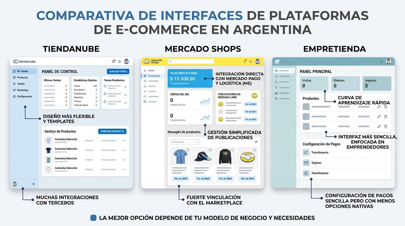 Comparativa visual de interfaces de plataformas e-commerce argentinas. Estilo captura de pantalla modernizada con anotaciones. Muestra pantallas de administración de Tiendanube, Mercado Shops y Empretienda lado a lado. Incluye elementos típicos como panel de control, gestión de productos y configuración de pagos. Señala con flechas y etiquetas las diferencias clave entre plataformas. Paleta profesional en tonos azules y grises. Para ayudar a emprendedores a visualizar las diferencias entre las principales plataformas de e-commerce en Argentina.