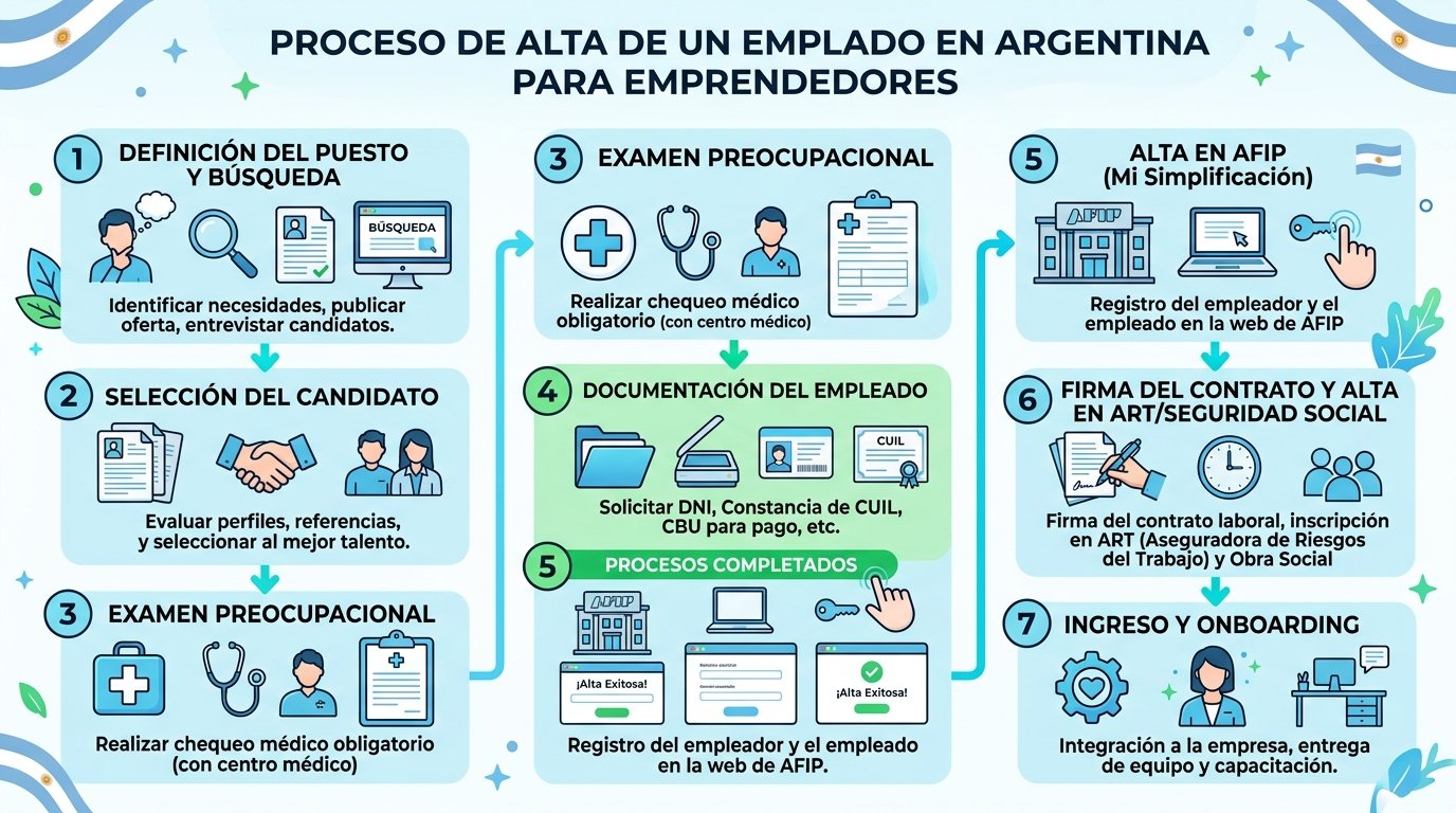 Proceso de alta de un empleado en Argentina para emprendedores. Estilo infográfico secuencial con íconos y conectores. Muestra los pasos desde la definición del puesto hasta la firma del contrato y alta en AFIP, con formularios simplificados y pantallas de sistemas. Incluye iconos representativos para cada etapa (computadora, documentos, apretón de manos, edificio AFIP). Utiliza una paleta celeste y blanca con acentos en verde para procesos completados. Para explicar visualmente los pasos administrativos que debe seguir un emprendedor al contratar su primer empleado.