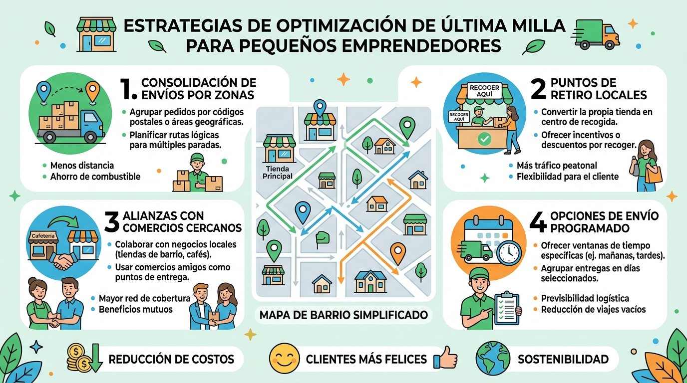 Estrategias de optimización de última milla para pequeños emprendedores. Estilo infográfico con iconos simples y atractivos. Muestra alternativas como consolidación de envíos por zonas, puntos de retiro locales, alianzas con comercios cercanos y opciones de envío programado. Incluye un mapa simplificado de barrio con rutas optimizadas. Usa colores brillantes y amigables: verde, azul y naranja. Para ilustrar métodos prácticos y accesibles para reducir costos de entrega sin necesidad de tecnología avanzada.