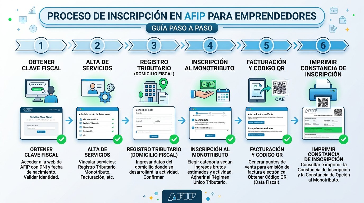 Proceso de inscripción en AFIP para emprendedores argentinos. Estilo infográfico secuencial con pasos numerados. Muestra la secuencia desde obtener clave fiscal hasta imprimir constancia de inscripción, con screenshots simplificados de formularios AFIP, iconos representativos (documento, computadora, código QR). Utiliza los colores oficiales de AFIP (azul y blanco) complementados con verde para acciones completadas. Para ilustrar visualmente el proceso burocrático de registro fiscal para nuevos emprendedores.