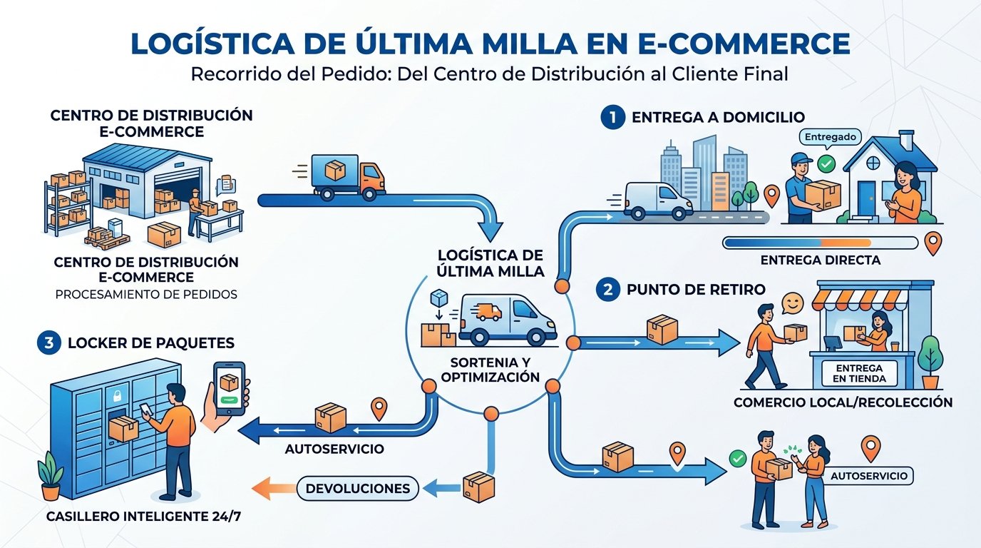 Diagrama de logística de última milla en e-commerce. Estilo infográfico profesional con líneas claras. Muestra el recorrido desde el centro de distribución hasta el cliente final, incluyendo puntos de retiro, entrega a domicilio y opciones alternativas. Utiliza íconos de camiones, cajas y personas. Paleta de colores azul y naranja. Para explicar visualmente el concepto logístico fundamental en comercio electrónico.