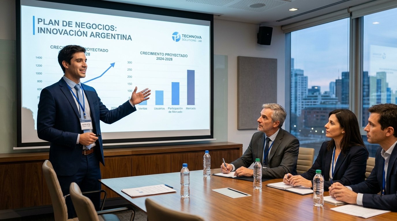 Emprendedor argentino presentando su plan de negocios a inversores. Estilo fotográfico profesional. Muestra a una persona joven bien vestida exponiendo con confianza ante un pequeño grupo de inversores atentos. Se ve una presentación digital con gráficos claros proyectada en una pantalla. La escena transmite profesionalismo y entusiasmo. Paleta de colores corporativos azules y grises. Para visualizar el momento crucial de presentar un plan de negocios a potenciales inversores.