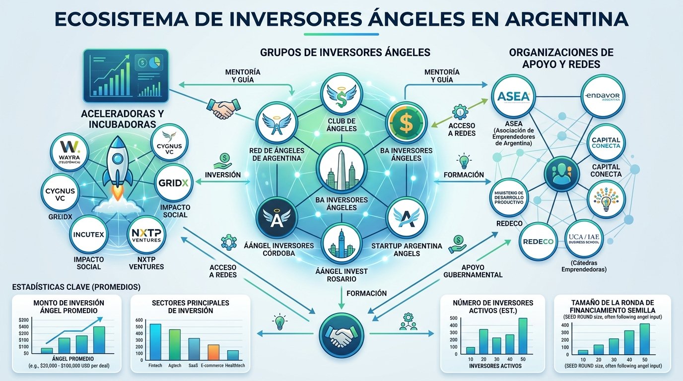 Ecosistema de inversores ángeles en Argentina. Estilo infográfico profesional con organización de red. Muestra los principales grupos de inversores ángeles, aceleradoras, y organizaciones de apoyo con sus conexiones. Incluye logos representativos de cada entidad y estadísticas clave sobre montos de inversión promedio. Usa paleta azul corporativo con acentos verde y naranja. Para explicar visualmente las opciones de financiamiento privado disponibles para emprendedores argentinos.