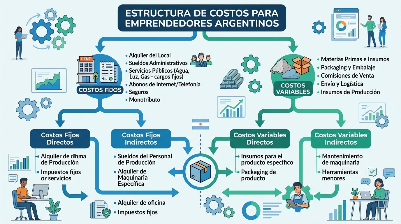 Estructura de costos para emprendedores argentinos. Estilo infográfico con organización jerárquica. Muestra cuatro categorías principales (Fijos, Variables, Directos, Indirectos) con ejemplos específicos de cada uno. Utiliza íconos representativos para cada tipo de costo: edificio para alquiler, facturas para servicios, personas para sueldos, materiales para insumos. Paleta en tonos azul y verde con acentos naranja. Para ayudar a emprendedores a visualizar y organizar todos sus costos de negocio.