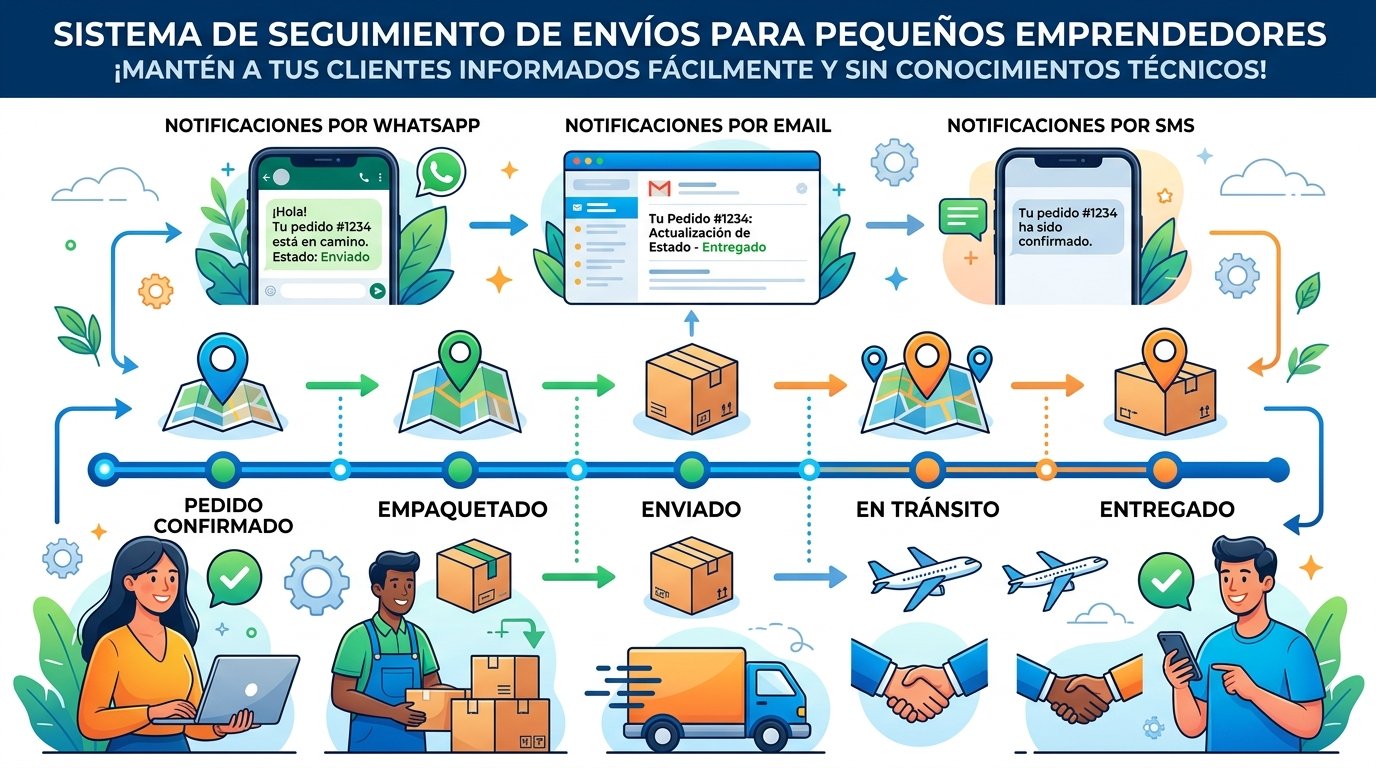 Sistema de seguimiento de envíos para pequeños emprendedores. Estilo infográfico con múltiples canales de comunicación. Muestra notificaciones por WhatsApp, email y SMS con estados de pedido, junto con una línea de tiempo visual de seguimiento. Incluye elementos como smartphone con mensajes, símbolos de ubicación y paquetes en diferentes etapas. Usa colores vibrantes: azul para comunicación, verde para estados completados y naranja para pendientes. Para ilustrar cómo emprendedores sin conocimientos técnicos pueden mantener informados a sus clientes sobre el estado de sus pedidos.